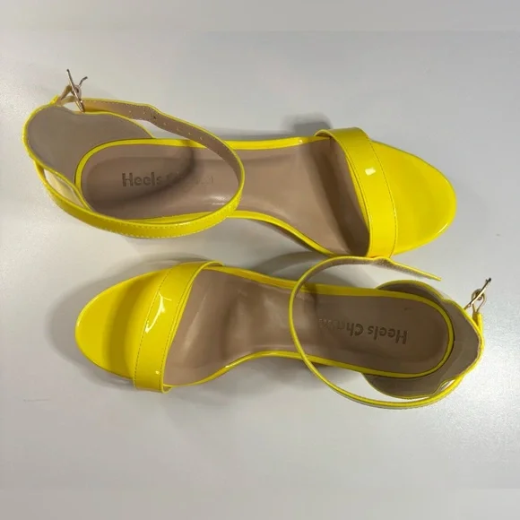 Yellow Chunky Block Heel Sandals (Open Toe Ankle Strap) - Picture 4 of 9